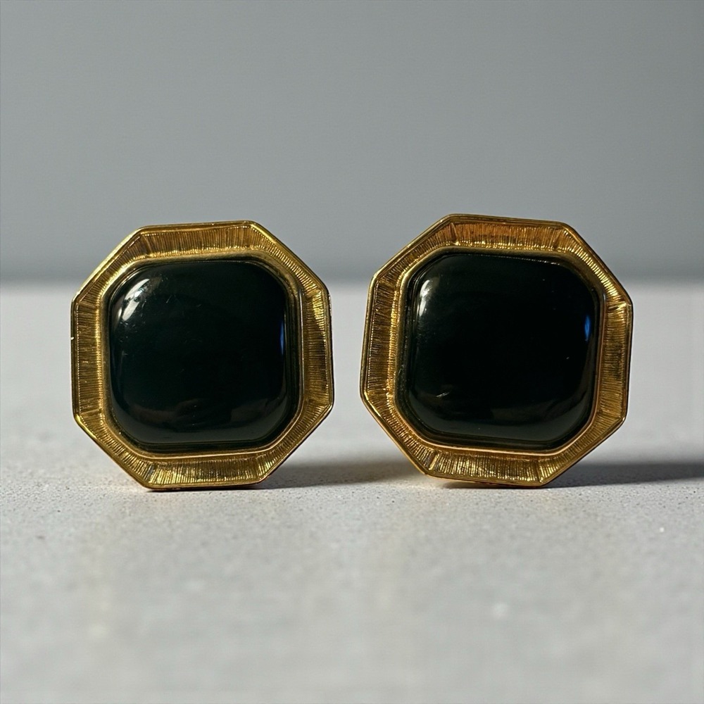 Black Lucite Earrings Chunky Statement Octagon Gold Tone VTG Bold Clip On READ